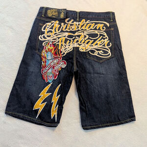 Christian Audigier Ed Hardy Vintage Embroidered Flame Skull Denim Shorts - 42×15